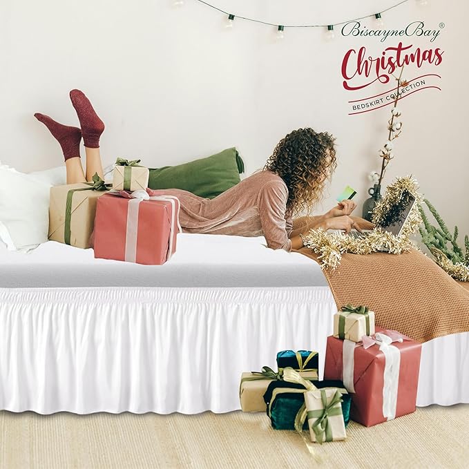 Biscaynebay Wrap Around Bed Skirts for Full & Full XL Beds Extra Short Drop of 9", White Elastic Dust Ruffles Easy Fit Wrinkle and Fade Resistant Silky Luxurious Fabric Solid Machine Washable