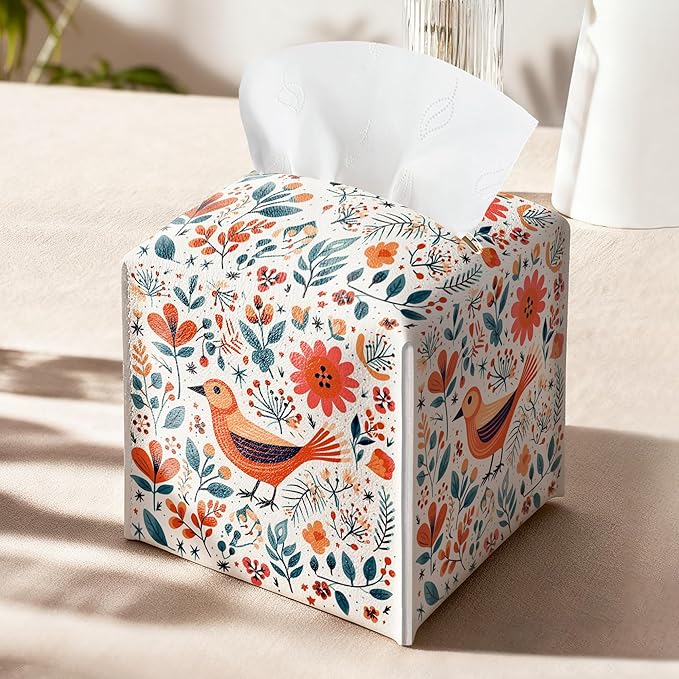 Floral Bird Tissue Box Holder, Scandinavian Leather Tissue Box Cover Square, Paper Napkins Everyday Dispenser for Bathroom Vanity Countertop Night Stands Kitchen Office Car Home Decor