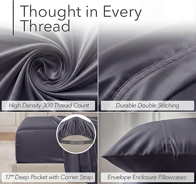 DECOLURE 100% Viscose Derived from Bamboo Sheets Queen Size - Luxury 6 Pc Naturally Cooling Sheets, Ultra Soft Bed Set - Deep 17" Pockets, Durable Double Stitching, Oeko Tex Standard (Grey)