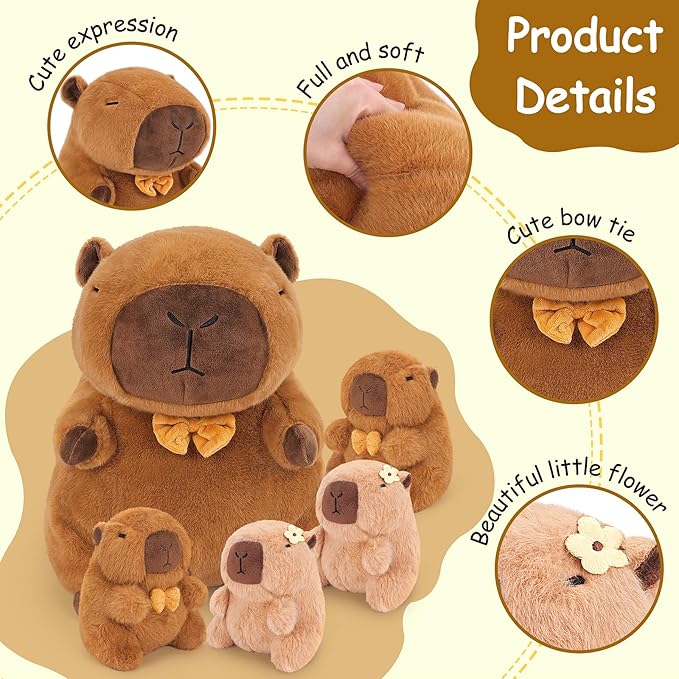 Achwishap 5PCS Capybara Plush,Capybara Stuffed Animal Mommy with 4 Capybaras Babies Plush Toy,Cute Plushie Capybaras Hugging Pillow Cuddle Plushie for Kids Girls Boys Birthday,Capy bara Family 16”