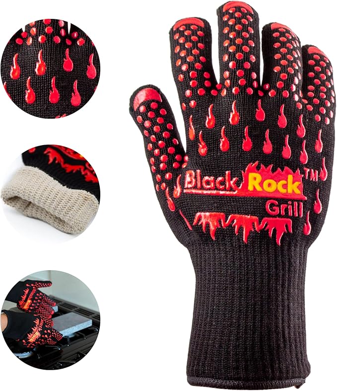 Black Rock Grill Fire & Heat Resistant Cooking Gloves 923F -30cm Silicone Safety Oven Mitts with Fingers- Gloves for Grilling, BBQ, Fireplace, Lava Stones, EN407,EN388, EN ISO 21420 Certified (Large)
