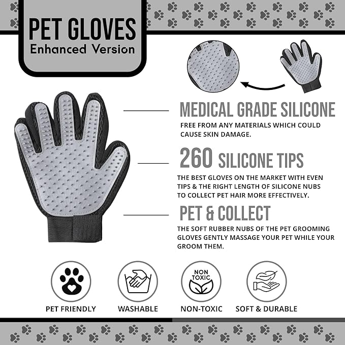 HappiTails Pet Grooming Gloves – 1 Pair – Deshedding & Bath Massage Mitts for Dogs & Cats – Choose from 5 Colors – Adjustable, Reusable & Easy to Clean (Gray)