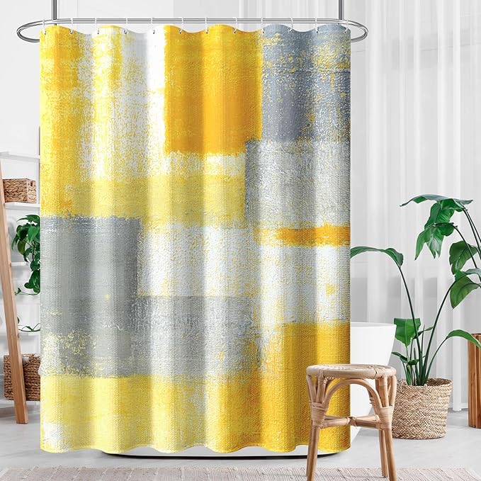 Culudea Grey Yellow Painting Shower Curtain Set, Gray Contemporary Abstract Bathroom Window Waterproof Shower Curtain Set for Bathroom Decor