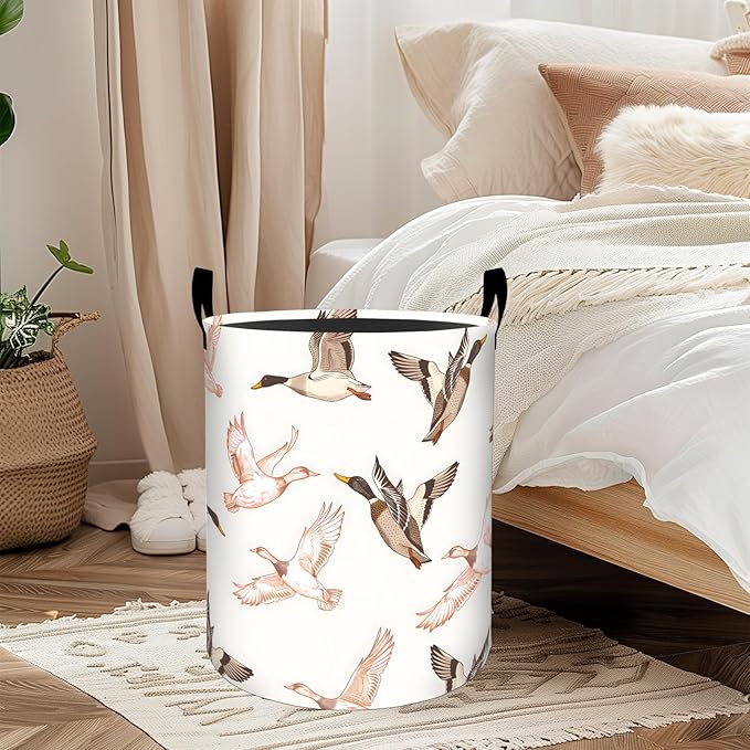 ainori Duck Laundry Basket, Oxford Cloth Rustic Nature Dirty Clothes Collapsible Hamper for Room Decor, Animal and White Background Print Gifts Toy Organizer 19.7*15.8 Inch for Bedroom Bathroom Dorm