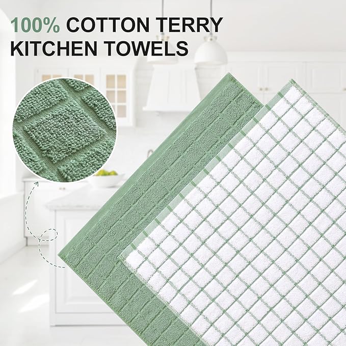 Homaxy Premium Cotton Kitchen Towels 16"x 28", Large Natural Ring Spun 390 GSM Dish Towels, Super Absorbent Terry Kitchen Hand Towels, Soft Tea Towels with Hanging Loop, Grass Green Check, 6 Pack