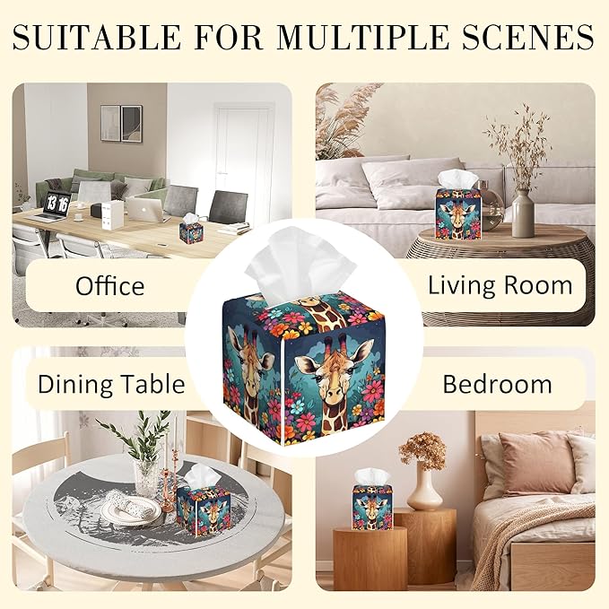 POIUBLE Giraffe with Flowers Tissue Box Cover Leather Tissue Box Holder Square Facial Paper Organizer Dispenser for Bathroom Kitchen Bedroom Vanity Countertop Night Stands