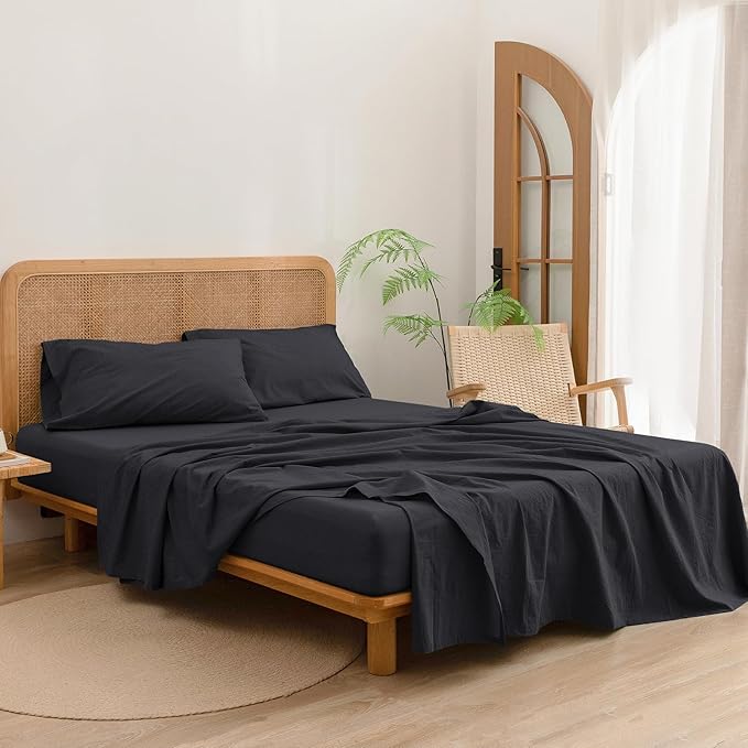 BESTOUCH Sheet Set 100% Washed Cotton Linen Feel Super Soft Comfortable Chic Lightweight 4 Pcs Home Bedding Set Solid Deep Black Cal King