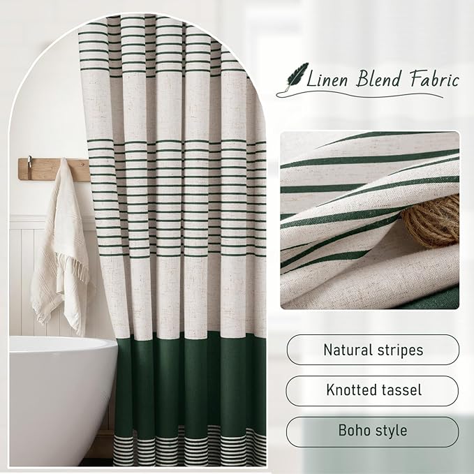 XOGUIBO Dark Green Shower Shower Curtain Boho Linen Striped Shower Curtains for Bathroom with Tassel 72 X 72