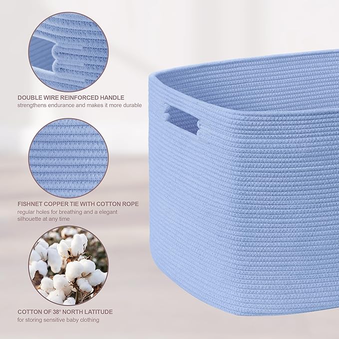 SunNewt 60L Small Baby Girls Laundry Basket for Nursery Storage,Cute Woven cotton Rope Baskets for Kids Toy，Gifts, Boho Square Wicker Blanket hamper for Living Room,Bedroom Dirty Clothes,Blue Purple