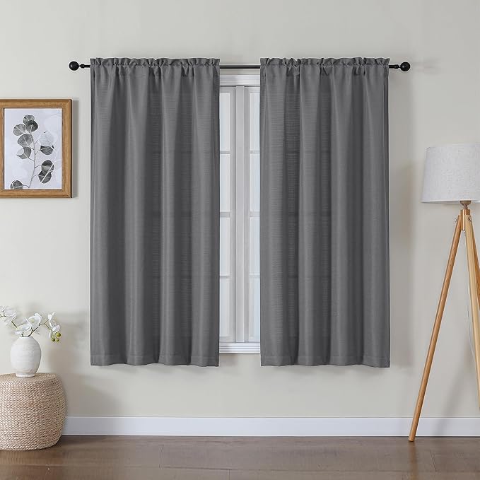 Lecloud Bessie Dark Grey Curtains 54 Inch Length 2 Panels Set, Light Filtering Faux Linen Textured Window Curtains, Rod Pocket Curtain Drapes for Bedroom Living Room, Each 30 W x 54 L