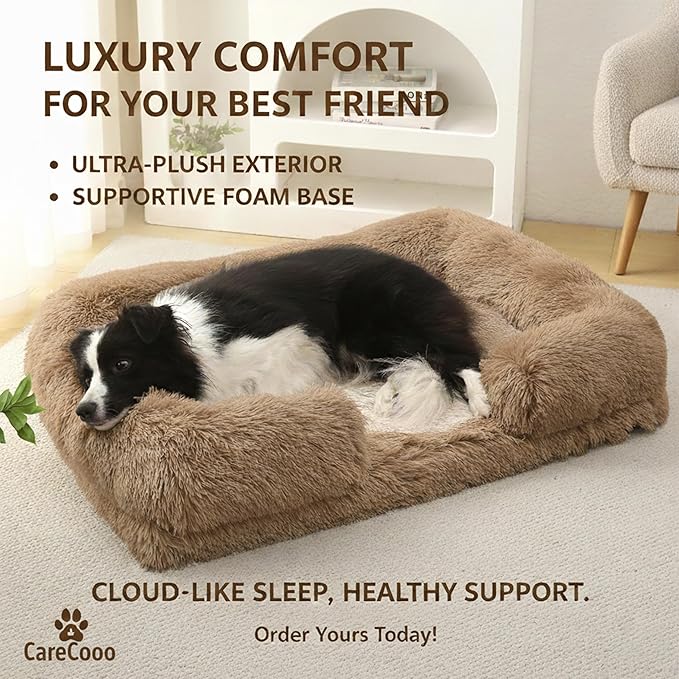 CareCooo Orthopedic Dog Bed for Medium Dogs - Washable Memory Foam Pet Sofa, Fluffy Plush Rectangular Bed, Waterproof Anti-Anxiety Couch, Khaki, M