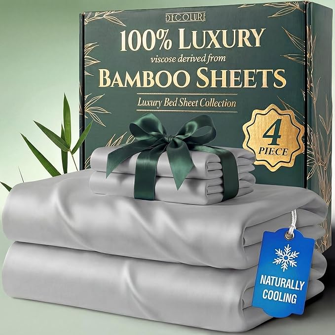 DECOLURE 100% Viscose Derived from Bamboo Sheets Twin Size - Luxury 4 Pc Naturally Cooling Sheets, Ultra Soft Bed Set - Deep 17" Pockets, Durable Double Stitching, Oeko Tex Standard (Light Grey)
