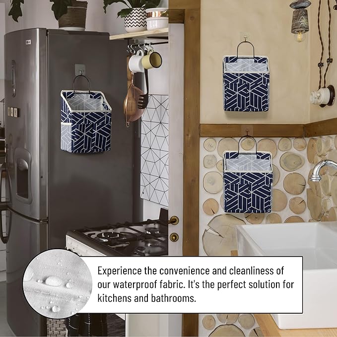 HZZTY BRNY 2pcs Wall Hanging Storage Bag, Small Door Closet Linen Fabric Pockets Organizer, Waterproof Multi Functional for Living Room Bedroom Bathroom Kitchen RV Camper with Hooks Pattern Navy