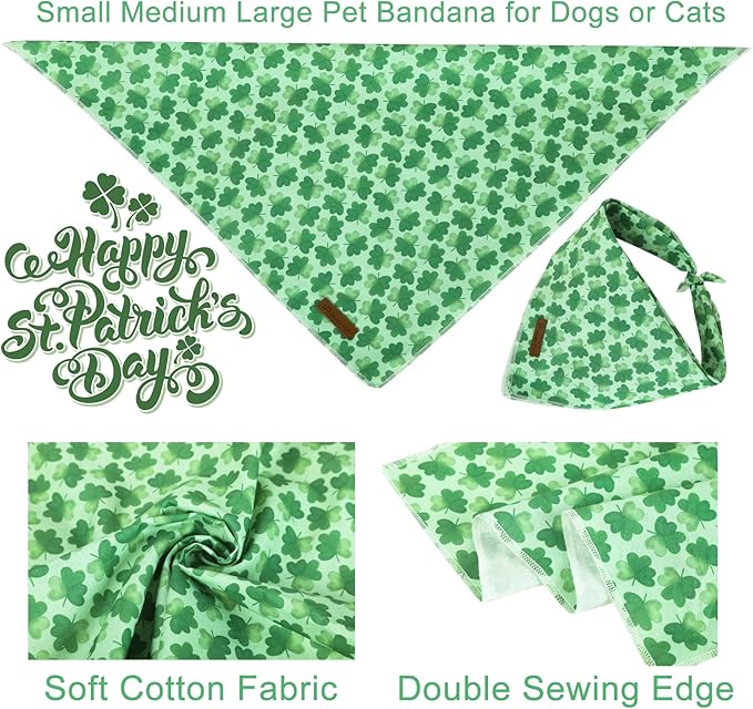 UP URARA PUP St. Patrick's Day Dog Bandana, Shamrock Triangle Bid Scarf, Cotton Green Bandana for Boy & Girl Dogs, Cute Spring Dog Kerchief