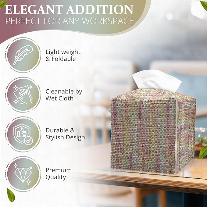 Azormi Tissue Box Cover, PU Leather Square Tissue Box Holder with Woven Pattern, Cube Tissue Box Covers with Bottom Belt, Perfect Decorative Organizer for Tabletop, car, Office, Bathroom, 5 x 5 x 5