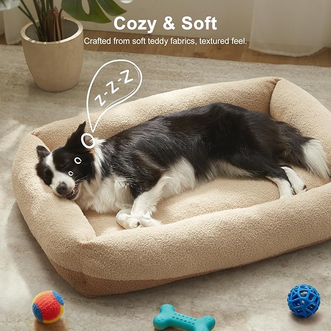 FURTIME Washable Dog Bed Medium Large Size Dogs, Rectangle Comfy Fluffy Pet Bed, Removable Zipper Cover Machine Wash, Soft Orthopedic Bed Durable Pet Cuddler with Anti-Slip Bottom, 30"x24"x8", Beige