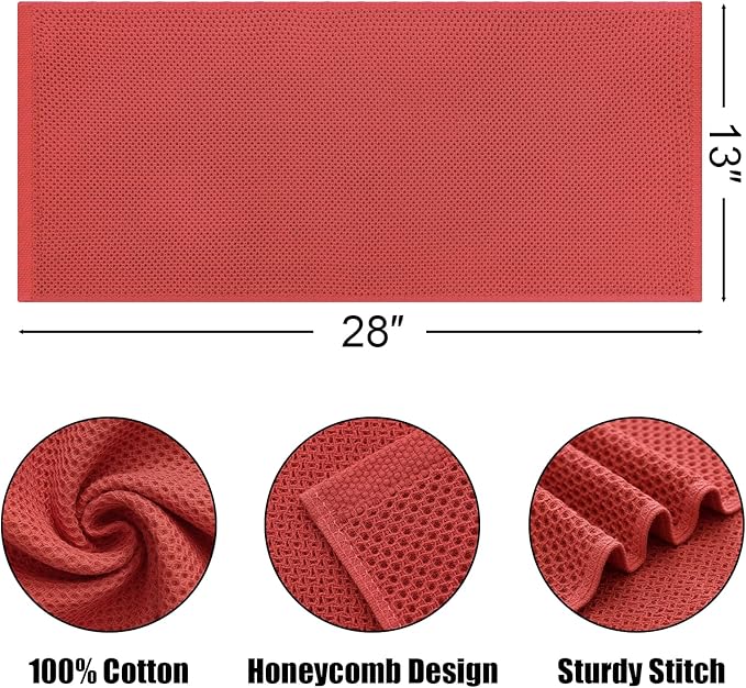 Kitinjoy 100% Cotton Waffle Weave Kitchen Towels, 4-Pack Super Soft and Absorbent Dish Towels for Drying Dishes, Kitchen Hand Towels, 13 in x 28 in, Brick Red