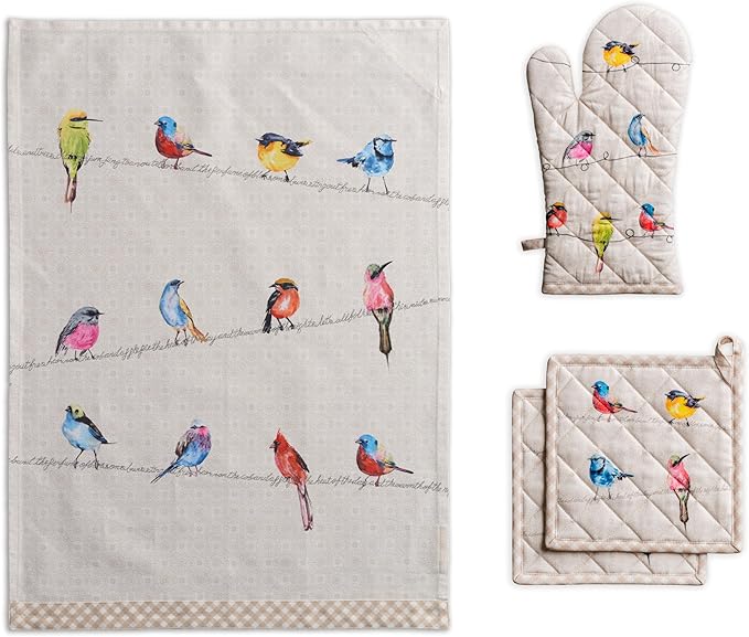 Maison d' Hermine Birdies on Wire Bundle Set 100% Cotton Set of 2 Kitchen Towels (20 Inch by 27.5 Inch) Oven Mitt (7.5 Inch by 13 Inch) and Set of 2 Pot Holders (8 Inch by 8 Inch)