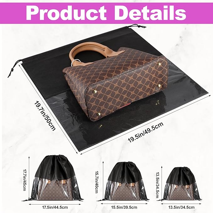 Bgtecho 12 Pcs Shoe Bags for Travel, Dust Bags for Handbags, Dustproof Drawstring Bags in 4 Size, Breathable Non Woven Fabric Storage Bag for Handbags Shoes Purses, Black