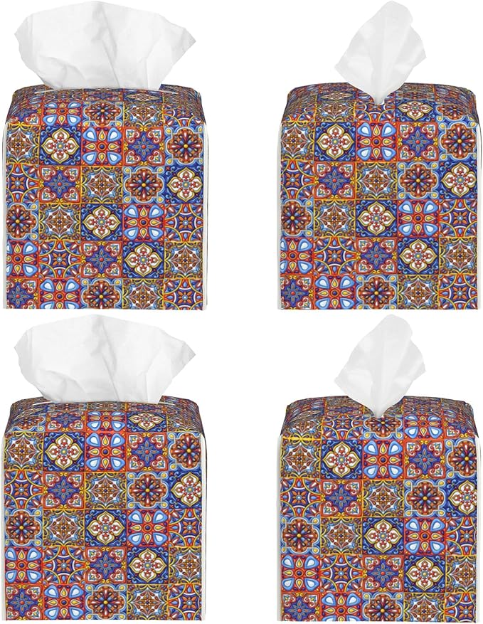 Mexican Talavera Ceramic Tile Tissue Box Cover Square, Retro Boho Flowers Tissue Box Holder Waterproof Leather Facial Paper Organizer Dispenser for Bathroom Home Car Nightstand Vanity Desk