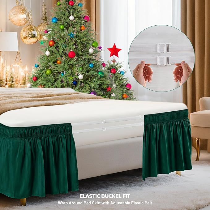 Biscaynebay Wrap Around Bed Skirts for Full & Full XL Beds 15" Drop, Christmas Hunter Green Adjustable Elastic Dust Ruffles Easy Fit Wrinkle & Fade Resistant Silky Luxurious Fabric Machine Washable