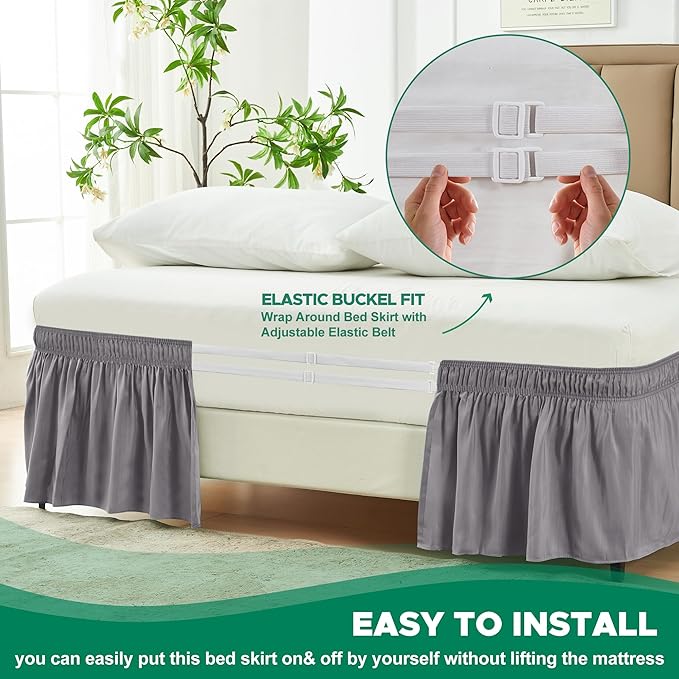 Biscaynebay Wrap Around Bed Skirts for King & Cal King Beds 15" Drop, Silver Grey Adjustable Elastic Dust Ruffles Easy Fit Wrinkle & Fade Resistant Silky Luxurious Fabric Machine Washable