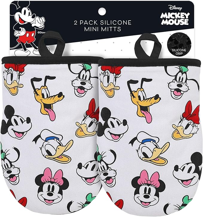 Disney Oven Mitts - 5.5” x 7.5” Heat-Resistant Mini Oven Mitts with Non-Slip Printed Silicone Disney Silhouettes - Mickey & Minnie, Stitch, Winnie The Pooh