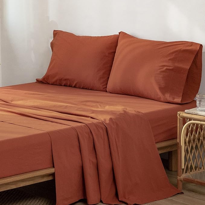 MooMee Bedding Sheet Set 100% Washed Cotton Linen Like Textured Breathable Durable Soft Comfy (Solid Rust Brown, Queen)