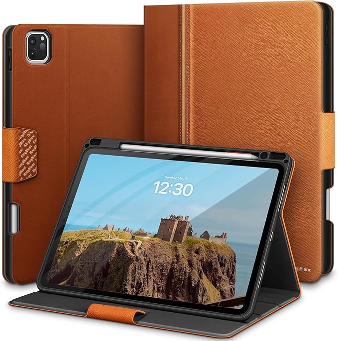 KingBlanc Case for iPad Pro 13-inch (M5 2025, M4 2024) with Built Pencil Holder, PU Leather Smart Stand Cover, Auto Sleep/Wake, Supports Pencil Pro/Pencil (USB-C), Multi-Viewing/Drawing Angles, Brown