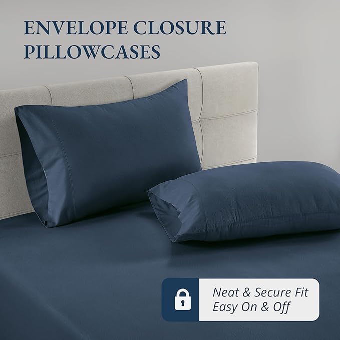LANE LINEN Twin XL Fitted Sheet, 100% Organic Cotton 2-Piece Set (1 Fitted Sheet, 1 Pillowcase), Percale Weave, Bottom Sheet, Soft, Breathable, Fits Mattress Upto 15" Deep - Navy (No Flat Sheet)