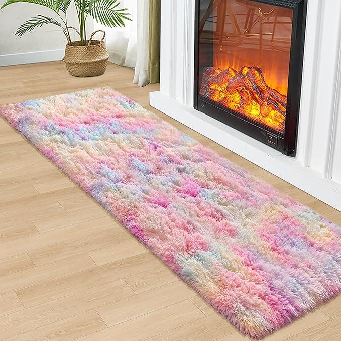 2x6 Ft Rainbow Rug for Girls Bedroom Colorful Area Rug Unicorn Rugs for Girls Bedroom Kawaii Room Decor Runner Rugs for Living Room Plush Fluffy Rug Non Slip Fuzzy Rugs for Kids Room