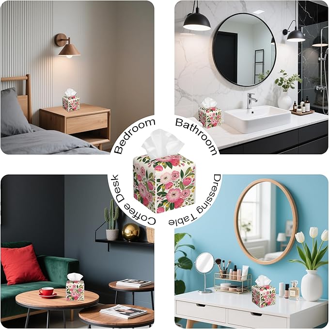 Spring Flowers Bouquet Tissue Box Cover Square,Tissue Box Holder with Belt Bottom,Stylish Leather Napkin Holder for Vanity Countertop,Nightstands,Office Desk,5.2"×5.2"×5.2"