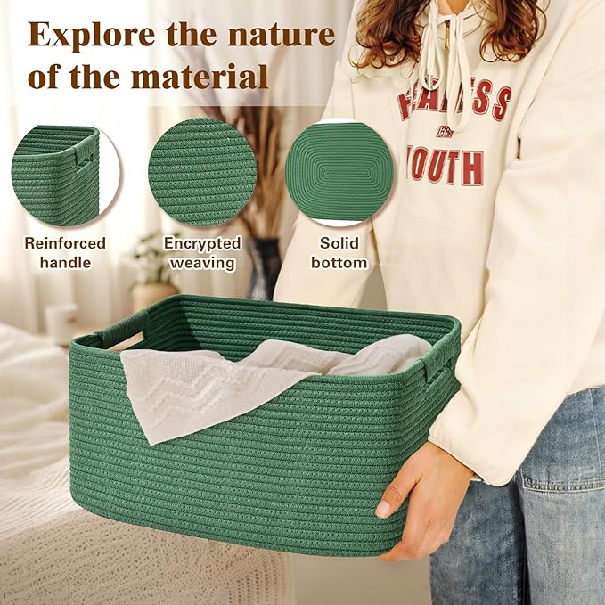 3 Pack Large Storage Basket for Organizing, 17.5"x13.5"x7.5" Woven Basket for Shelves, Closet Cube Storage Bins with Wrapped Handle, Cotton Rope Baskets for Kitchen, Clothes, Toys(Green)
