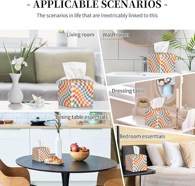 POIUBLE Tissue Box Holder Wavy Checkerboard Tissue Box Cover Square Leather Tissue Holder Organizer Portable Decorative Facial Paper Case for Home Office Bathroom Vanity Countertop
