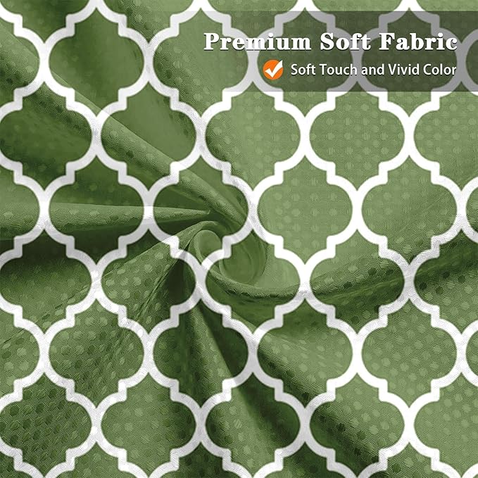 Culudea Sage Green Quatrefoil Moroccan Plaid Waffle Textured Cloth Shower Curtain Set, Four Leaf Clover Retro Grid Geometric Bathroom Window Waterproof Shower Curtains for Bathroom Decor