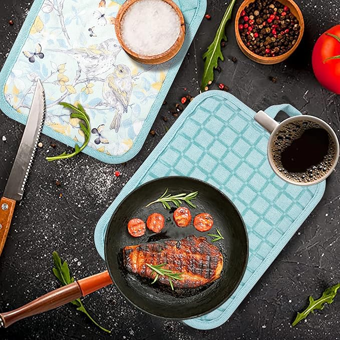 Pot Holders Set of 3 Silicone Printing Non Slip Heat Resistant, Yarm-Dyed Hot Pads Cotton Home Kitchen Cooking Barbecue Microwave Women Men Machine Washable BBQ Grilling. (Light Blue Potholders)