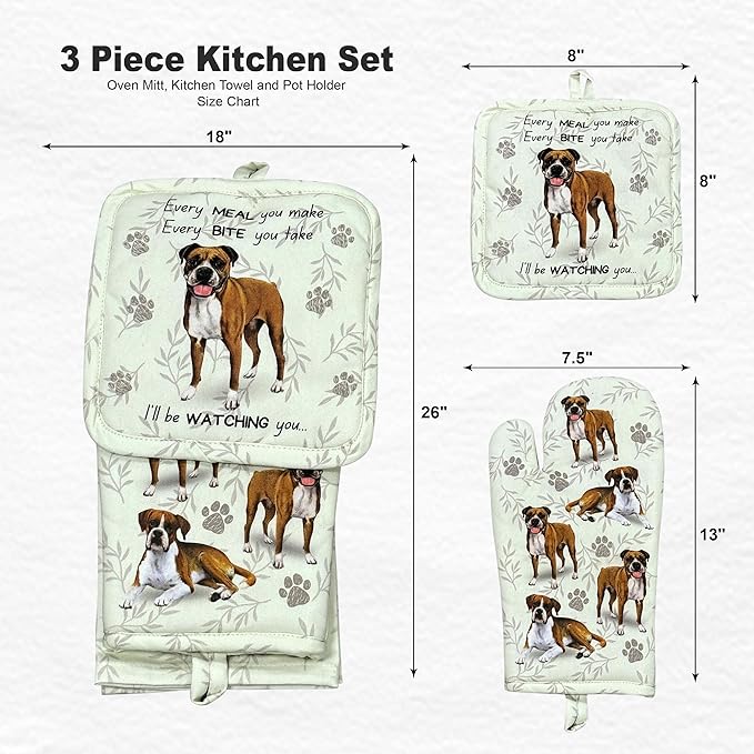 Boxer 3-Piece Kitchen Set - Oven Mitt, Pot Holder & Kitchen Towel Set, Heat Resistant up to 420 F, Soft Quilted Cotton for Cooking, Baking, BBQ, Pet Lover Gifts (Boxer)