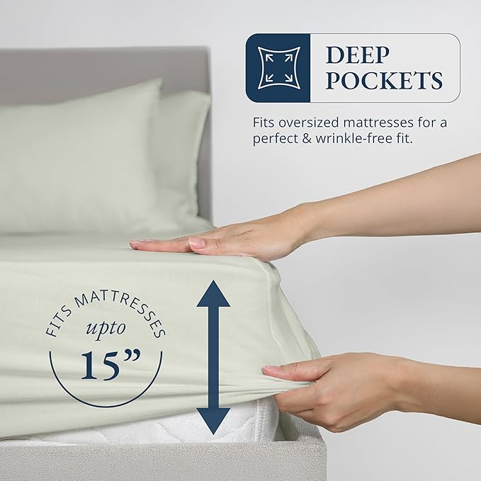 LANE LINEN King Fitted Sheet, 100% Organic Cotton, 3-Piece Set (1 Fitted Sheet,2 Pillowcases), Percale Weave, Ultra Soft, Breathable,Fits Mattress Upto 15" Deep - Mineral (No Flat Sheet)