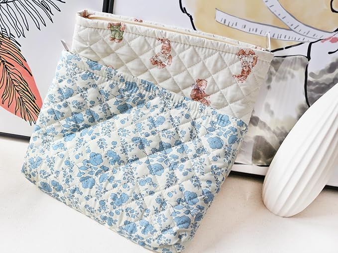 HAPPYHEIDI Cotton Quilted Makeup Bag Cosmetic Toiletry Travel Pouch Purse accessory Organizer, Little Blue Orchids