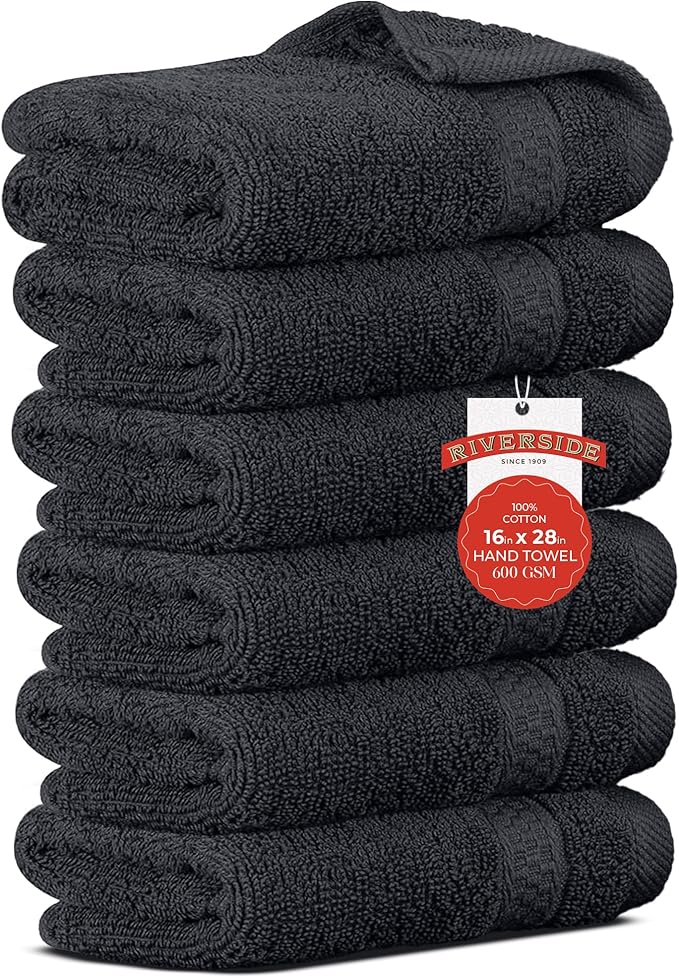 RIVERSIDE 6 Pack Premium Hand Towels Set, 16x28 inches, 100% Ring Spun Cotton, 600 GSM, Soft, Quick Dry and Highly Absorbent, Towels for Bathroom, Kitchen, Gym, Spa - Charcoal