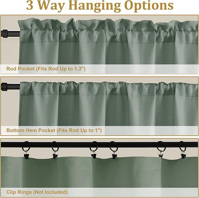 Lecloud Bessie Sage Green Kitchen Curtains 24 Inch Length 2 Panels Set, Faux Linen Cafe Short Curtains with Dual Rod Pocket, Window Curtain Tiers for Living Room/Bathroom, Each 30 W x 24 L