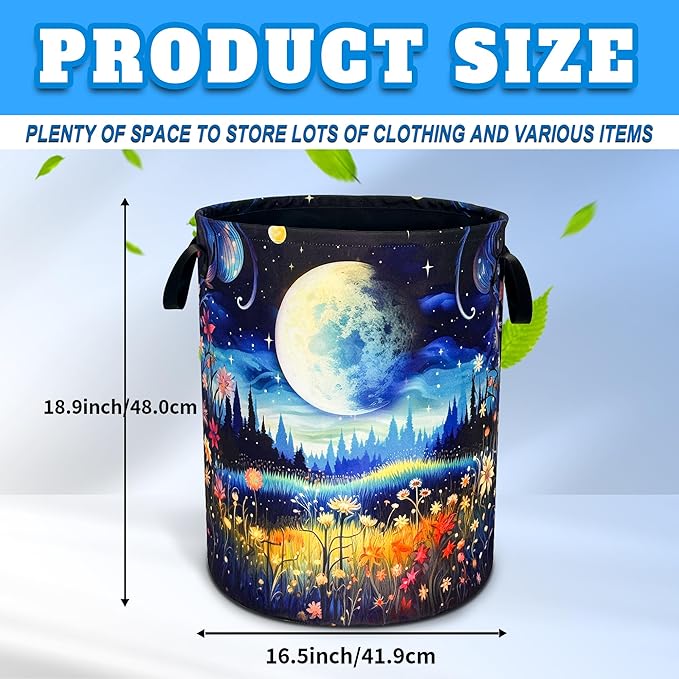 Moon Forest Flowers Laundry Basket Oxford Cloth Beautiful Night Laundry Hamper With Handle Foldable Portable Clothes Storage Basket 18.9 X 16.5 In Storage Bag For Laundry Room/Bathroom/Bedroom