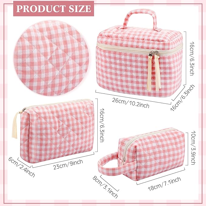 Paterr Makeup Bag Set 3 Pcs Large Quilted Cotton Make up Bags for Women Cosmetic Travel Toiletry Organizer Pouch Cute Aesthetic Storage Purse(Pink,Pink Plaid)