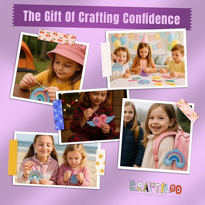 CRAFTILOO My First Cross Stitch Kit for Kids Ages 6–12 – Beginner Needlepoint Set with Pre-Cut Felt, Thread & Keyrings – Makes 4 Colorful Designs: Unicorn, Rainbow, Winged Heart