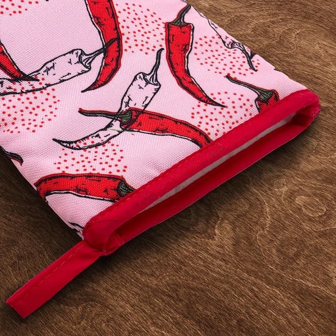 Mexican Hot Peppers Chili Pink Red Mini Silicone Oven Mitts, Heat Slip Resistant Kitchen Gloves 2-Pack Set, Soft Short Small Oven Mittens Pot Holders for Baking Grilling Barbecue Microwave Gift