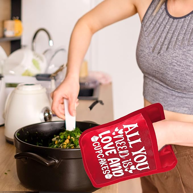Red Christmas Pot Holders with Pockets, All You Need is Love and Cupcakes Christmas Holiday Oven Pot Holders Heat Resistant Oven Mitts Hot Pads for Kitchen Baking Cooking