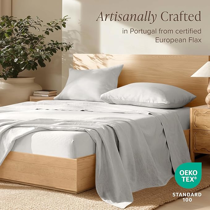 Bare Home Queen Sheet Set - Luxury 100% Linen Bed Sheets - Deep Pockets - Easy Fit - 4 Piece Set - Bedding Sheets & Pillowcases (Queen, Glacier Grey)