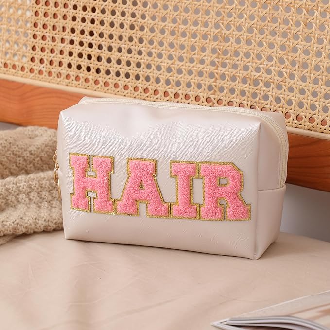 uekeboag PU Leather Medicine Bag with Zipper,Cute Chenille Letter Patches Travel Toiletry Meds Pouch for Women Girls, Daily Use Portable Organizer Cosmetic Bag (Beige- Colorful -MEDS)