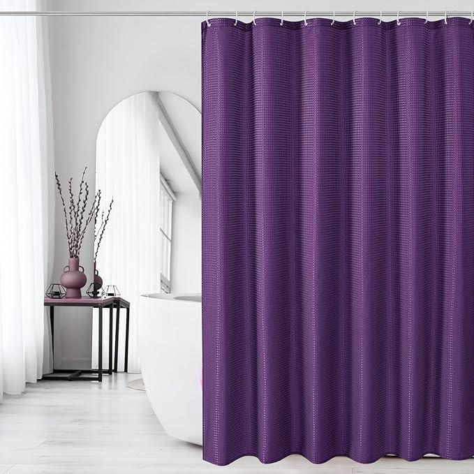 Gibelle Extra Long Shower Curtain 72 x 84, Tall Waffle Weave Textured Fabric Shower Curtain for Bathroom, Water Repellent, Machine Washable, Purple