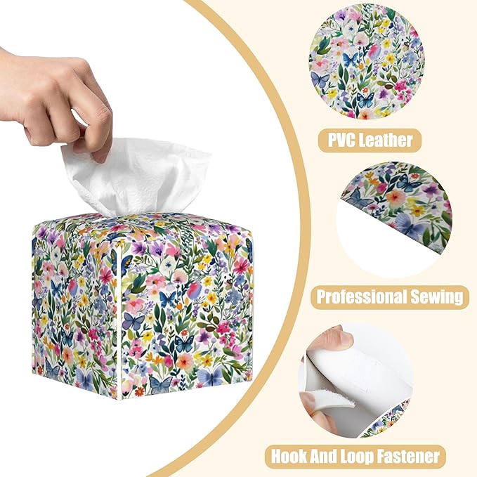 BLYKVGHQ Butterfly Square Tissue Box Cover Watercolor Flowers and Plants Tissue Box Holder Facial Cube Paper Dispenser Leather Decorative Organizer Home Office Desk Decor, 5.2"x5.2"x5.2"
